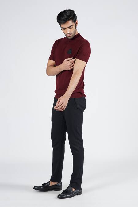 Shop_S&N By Shantnu Nikhil_Red Viscose, Nylon Faux Leather Crest Knit T-shirt_Online_at_Aza_Fashions