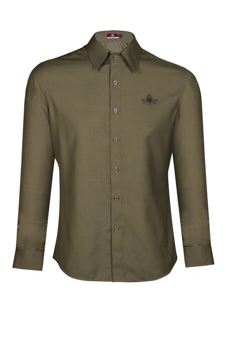 S&N By Shantnu Nikhil_Green Cotton Embroidery Placement Shirt_Online_at_Aza_Fashions