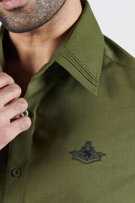 Buy_S&N By Shantnu Nikhil_Green Cotton Embroidery Placement Shirt_Online_at_Aza_Fashions