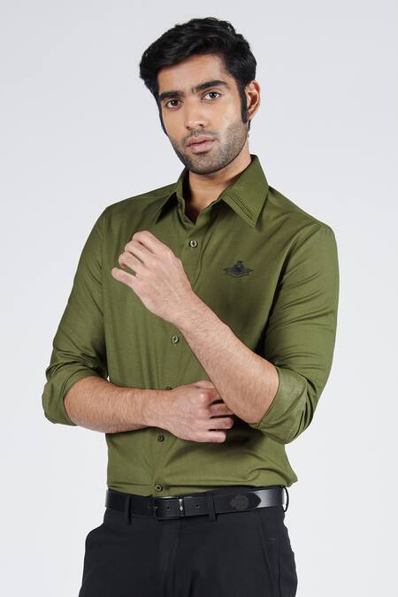 Shop_S&N By Shantnu Nikhil_Green Cotton Embroidery Placement Shirt_Online_at_Aza_Fashions