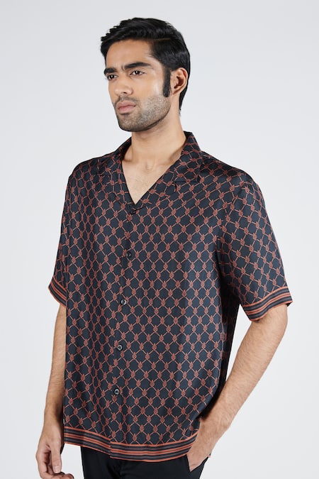 Shop S&N By Shantnu Nikhil Black Twill, Silk Embroidery Adamas Print Shirt Online at Aza Fashions Shop_S&N By Shantnu Nikhil_Black Twill, Silk Embroidery Adamas Print Shirt_Online_at_Aza_Fashions