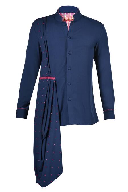 S&N By Shantnu Nikhil_Blue Terrycloth, Viscose, Lycra Embroidery Draped Shirt_Online_at_Aza_Fashions