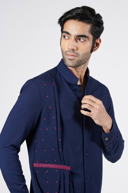 Buy S&N By Shantnu Nikhil Blue Terrycloth, Viscose, Lycra Embroidery Draped Shirt Online at Aza Fashions Buy_S&N By Shantnu Nikhil_Blue Terrycloth, Viscose, Lycra Embroidery Draped Shirt_Online_at_Aza_Fashions