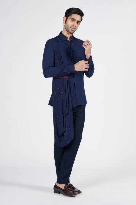 Shop S&N By Shantnu Nikhil Blue Terrycloth, Viscose, Lycra Embroidery Draped Shirt Online at Aza Fashions Shop_S&N By Shantnu Nikhil_Blue Terrycloth, Viscose, Lycra Embroidery Draped Shirt_Online_at_Aza_Fashions