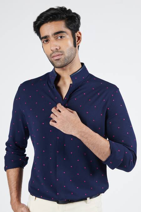 Shop_S&N By Shantnu Nikhil_Blue Lycra, Viscose, Terrycloth Embroidery Thread Shirt_Online_at_Aza_Fashions