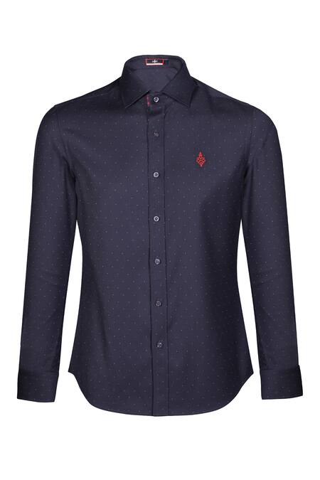 S&N By Shantnu Nikhil_Blue Cotton Embroidery Placement Adamas Motif Shirt_Online_at_Aza_Fashions