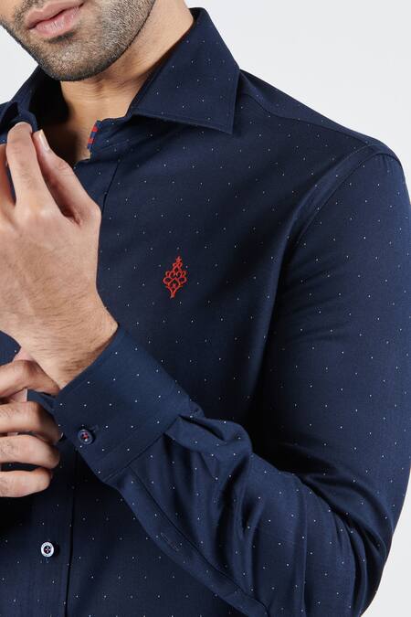 Shop_S&N By Shantnu Nikhil_Blue Cotton Embroidery Placement Adamas Motif Shirt_Online_at_Aza_Fashions