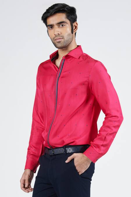 Shop_S&N By Shantnu Nikhil_Pink Silk, Twill Embroidery Thread Work Shirt _Online_at_Aza_Fashions