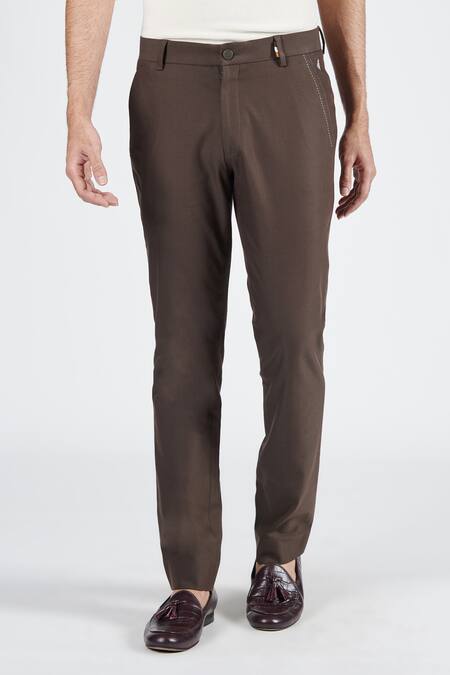 S&N By Shantnu Nikhil_Brown Cotton, Lycra, Polyester Tape Embellished Trouser_Online_at_Aza_Fashions