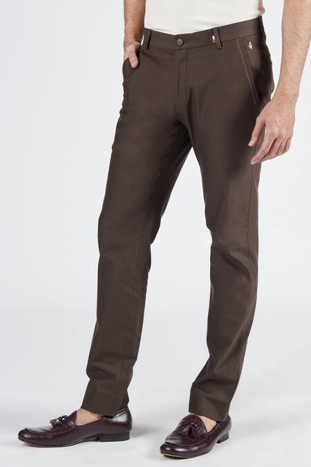 Buy_S&N By Shantnu Nikhil_Brown Cotton, Lycra, Polyester Tape Embellished Trouser_Online_at_Aza_Fashions