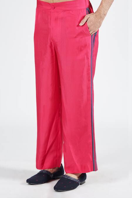 Shop S&N By Shantnu Nikhil Pink Twill, Silk Stripe Placement Print Trouser Online at Aza Fashions Shop_S&N By Shantnu Nikhil_Pink Twill, Silk Stripe Placement Print Trouser_Online_at_Aza_Fashions
