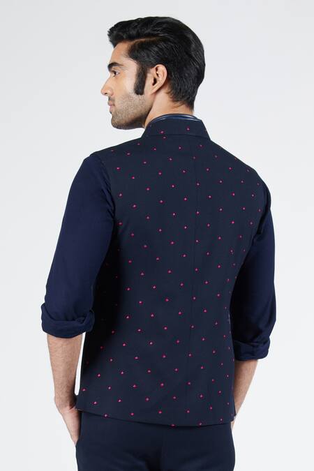 Shop S&N By Shantnu Nikhil Blue Polyester, Lycra, Viscose Embroidery Navy Floral Waistcoat at Aza Fashions Shop_S&N By Shantnu Nikhil_Blue Polyester, Lycra, Viscose Embroidery Navy Floral Waistcoat_at_Aza_Fashions