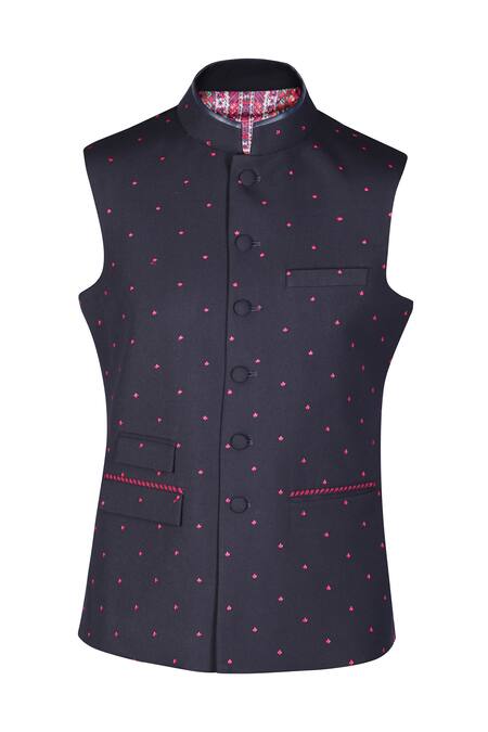 S&N By Shantnu Nikhil_Blue Polyester, Lycra, Viscose Embroidery Navy Floral Waistcoat_Online_at_Aza_Fashions