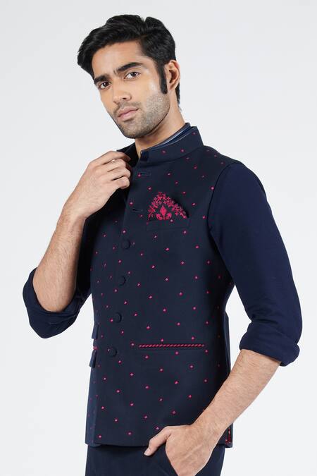 Buy S&N By Shantnu Nikhil Blue Polyester, Lycra, Viscose Embroidery Navy Floral Waistcoat Online at Aza Fashions Buy_S&N By Shantnu Nikhil_Blue Polyester, Lycra, Viscose Embroidery Navy Floral Waistcoat_Online_at_Aza_Fashions