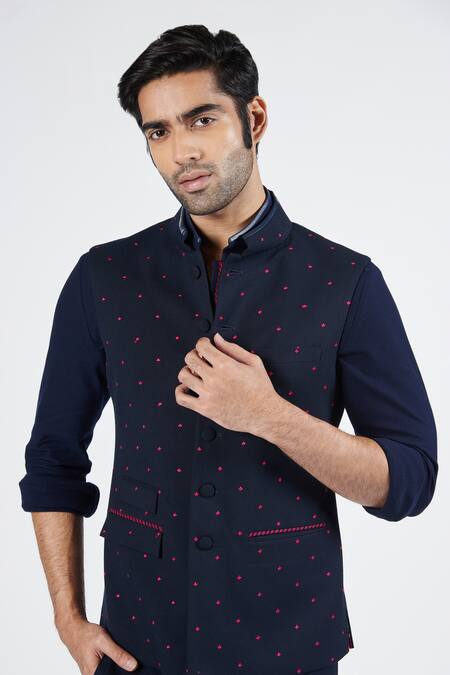 Shop S&N By Shantnu Nikhil Blue Polyester, Lycra, Viscose Embroidery Navy Floral Waistcoat Online at Aza Fashions Shop_S&N By Shantnu Nikhil_Blue Polyester, Lycra, Viscose Embroidery Navy Floral Waistcoat_Online_at_Aza_Fashions