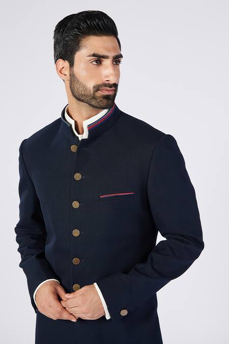 S&N By Shantnu Nikhil_Blue Lycra, Viscose, Polyester Tape Placement Embellished Sherwani_Online_at_Aza_Fashions