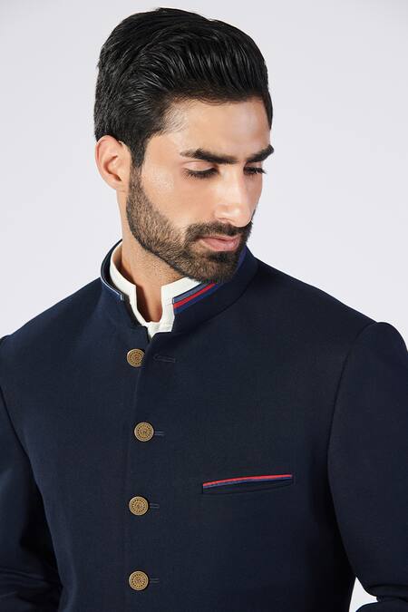 Buy_S&N By Shantnu Nikhil_Blue Lycra, Viscose, Polyester Tape Placement Embellished Sherwani_Online_at_Aza_Fashions