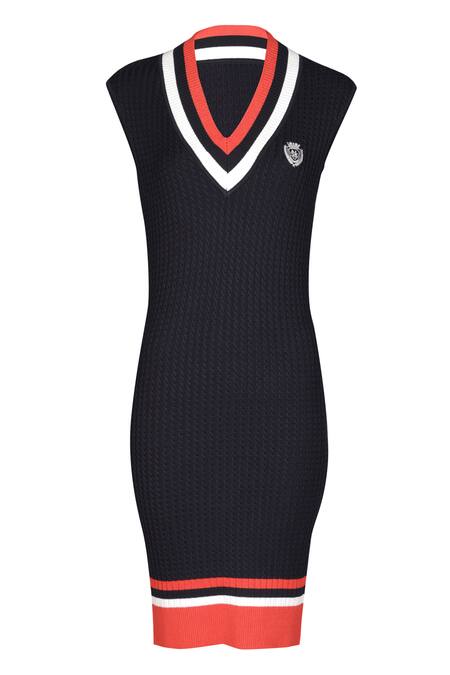 S&N By Shantnu Nikhil_Blue Viscose, Nylon V-neck Knitted Striped Dress_Online_at_Aza_Fashions