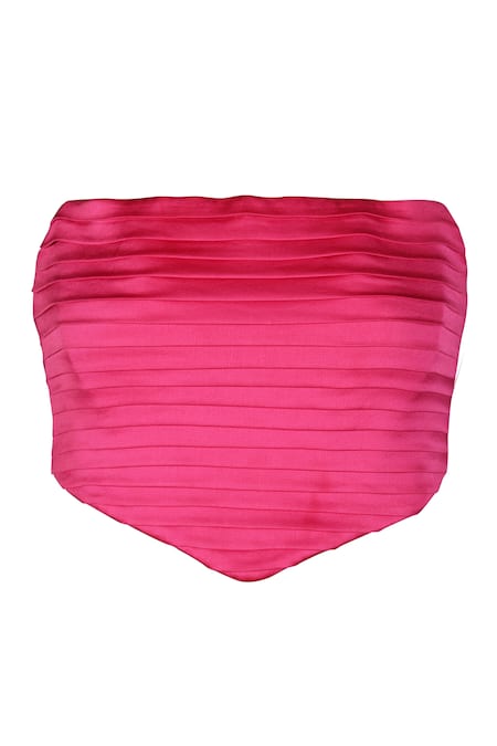 S&N By Shantnu Nikhil_Pink Nylon Square Neck Pleated Corset Top_Online_at_Aza_Fashions