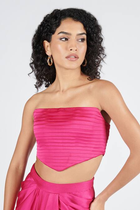 Buy_S&N By Shantnu Nikhil_Pink Nylon Square Neck Pleated Corset Top_Online_at_Aza_Fashions