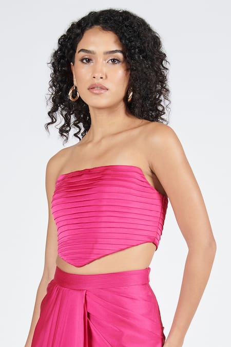 Shop_S&N By Shantnu Nikhil_Pink Nylon Square Neck Pleated Corset Top_Online_at_Aza_Fashions