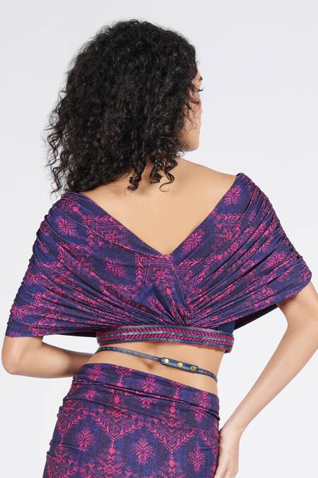 Shop S&N By Shantnu Nikhil Blue Polyester V-neck Tribal Print Draped Crop Top at Aza Fashions Shop_S&N By Shantnu Nikhil_Blue Polyester V-neck Tribal Print Draped Crop Top_at_Aza_Fashions