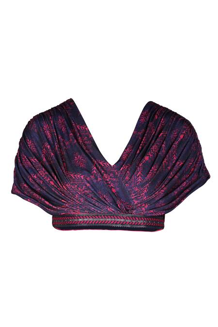 S&N By Shantnu Nikhil_Blue Polyester V-neck Tribal Print Draped Crop Top_Online_at_Aza_Fashions
