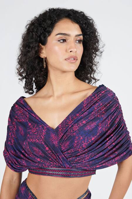 Buy S&N By Shantnu Nikhil Blue Polyester V-neck Tribal Print Draped Crop Top Online at Aza Fashions Buy_S&N By Shantnu Nikhil_Blue Polyester V-neck Tribal Print Draped Crop Top_Online_at_Aza_Fashions