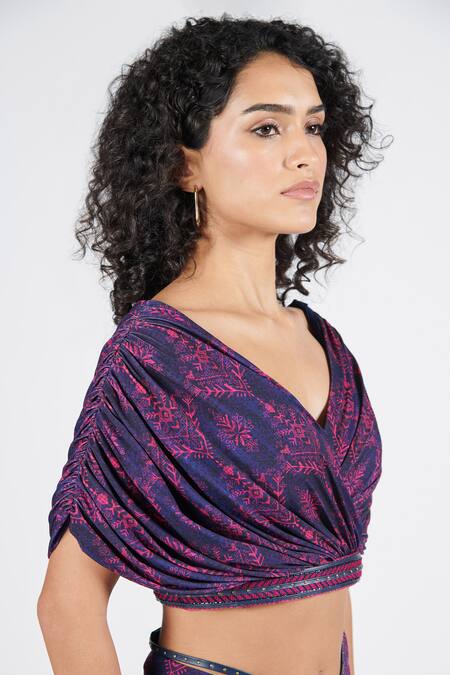 Shop S&N By Shantnu Nikhil Blue Polyester V-neck Tribal Print Draped Crop Top Online at Aza Fashions Shop_S&N By Shantnu Nikhil_Blue Polyester V-neck Tribal Print Draped Crop Top_Online_at_Aza_Fashions