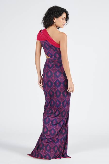 Shop S&N By Shantnu Nikhil Blue Polyester Tribal Print Draped Saree Gown at Aza Fashions Shop_S&N By Shantnu Nikhil_Blue Polyester Tribal Print Draped Saree Gown_at_Aza_Fashions
