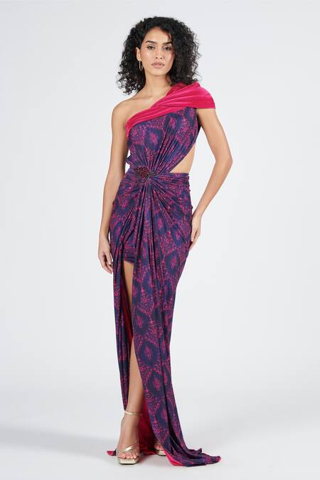 Shop S&N By Shantnu Nikhil Blue Polyester Tribal Print Draped Saree Gown Online at Aza Fashions Shop_S&N By Shantnu Nikhil_Blue Polyester Tribal Print Draped Saree Gown_Online_at_Aza_Fashions