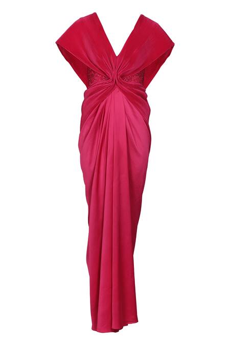 S&N By Shantnu Nikhil_Pink Nylon V-neck Draped Cape Embellished Gown _Online_at_Aza_Fashions
