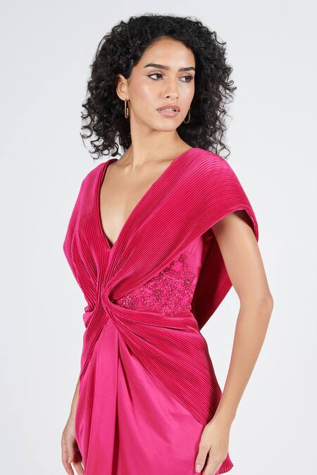 Shop S&N By Shantnu Nikhil Pink Nylon V-neck Draped Cape Embellished Gown Online at Aza Fashions Shop_S&N By Shantnu Nikhil_Pink Nylon V-neck Draped Cape Embellished Gown _Online_at_Aza_Fashions