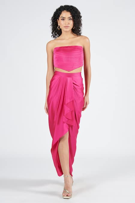 S&N By Shantnu Nikhil Pink Nylon Asymmetric Draped Skirt 