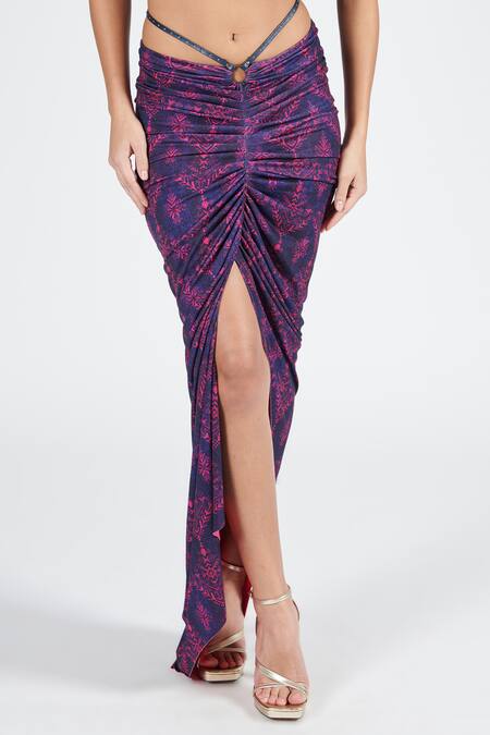Buy S&N By Shantnu Nikhil Blue Polyester Tribal Print Gathered Skirt Online at Aza Fashions Buy_S&N By Shantnu Nikhil_Blue Polyester Tribal Print Gathered Skirt_Online_at_Aza_Fashions