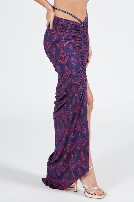 Shop S&N By Shantnu Nikhil Blue Polyester Tribal Print Gathered Skirt Online at Aza Fashions Shop_S&N By Shantnu Nikhil_Blue Polyester Tribal Print Gathered Skirt_Online_at_Aza_Fashions