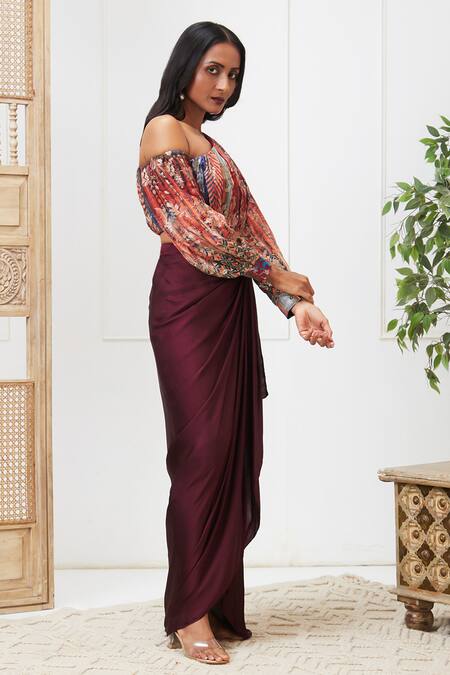 Buy Soup By Sougat Paul Maroon Brocade, Crepe Off-shoulder Adah Abstract Print Top And Skirt Set Online at Aza Fashions Buy_Soup By Sougat Paul_Maroon Brocade, Crepe Off-shoulder Adah Abstract Print Top And Skirt Set _Online_at_Aza_Fashions