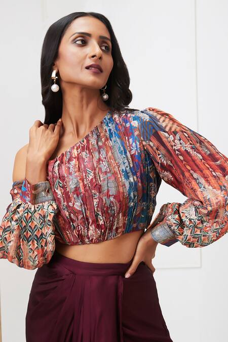Soup By Sougat Paul Maroon Brocade, Crepe Off-shoulder Adah Abstract Print Top And Skirt Set at Aza Fashions Soup By Sougat Paul_Maroon Brocade, Crepe Off-shoulder Adah Abstract Print Top And Skirt Set _at_Aza_Fashions