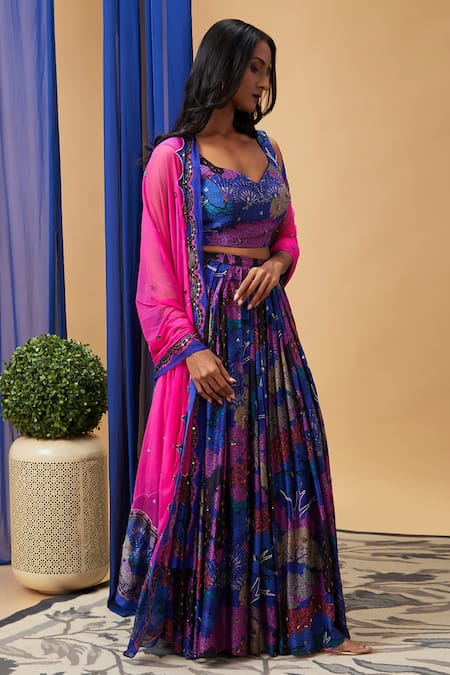 Shop_Soup By Sougat Paul_Blue Silk, Net Sequins, Embroidery V-neck Benazir Floral Print Lehenga Set _Online_at_Aza_Fashions