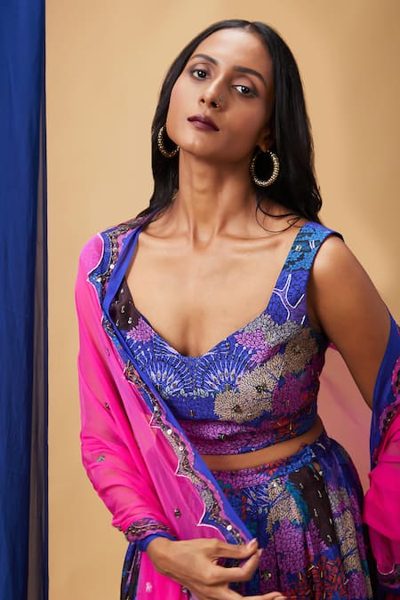 Soup By Sougat Paul_Blue Silk, Net Sequins, Embroidery V-neck Benazir Floral Print Lehenga Set _at_Aza_Fashions