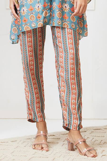 Soup By Sougat Paul_Green Cotton, Silk Embroidery Mandarin Collar Tabriz Printed Shirt And Pant Set _Online_at_Aza_Fashions