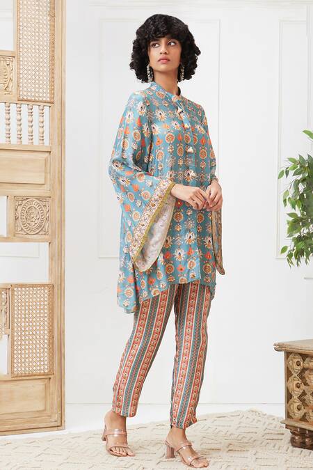 Shop_Soup By Sougat Paul_Green Cotton, Silk Embroidery Mandarin Collar Tabriz Printed Shirt And Pant Set _Online_at_Aza_Fashions