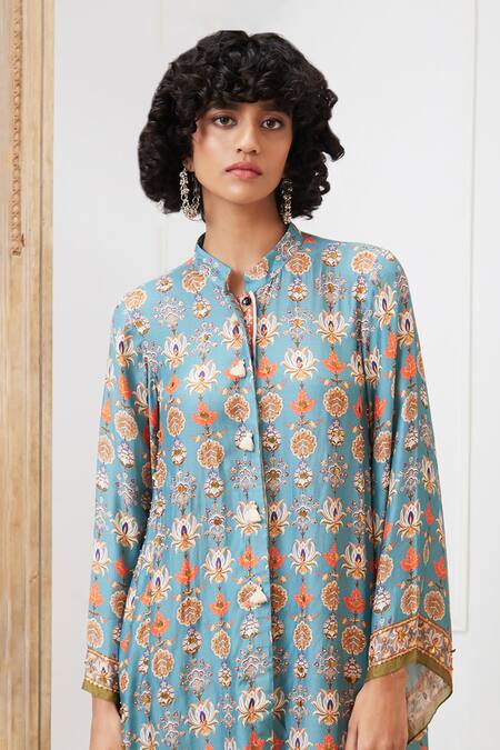 Soup By Sougat Paul_Green Cotton, Silk Embroidery Mandarin Collar Tabriz Printed Shirt And Pant Set _at_Aza_Fashions
