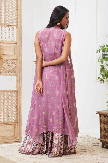 Shop Soup By Sougat Paul Purple Silk, Chiffon Embroidery V-neck Tabriz Printed Jacket Palazzo Set at Aza Fashions Shop_Soup By Sougat Paul_Purple Silk, Chiffon Embroidery V-neck Tabriz Printed Jacket Palazzo Set _at_Aza_Fashions