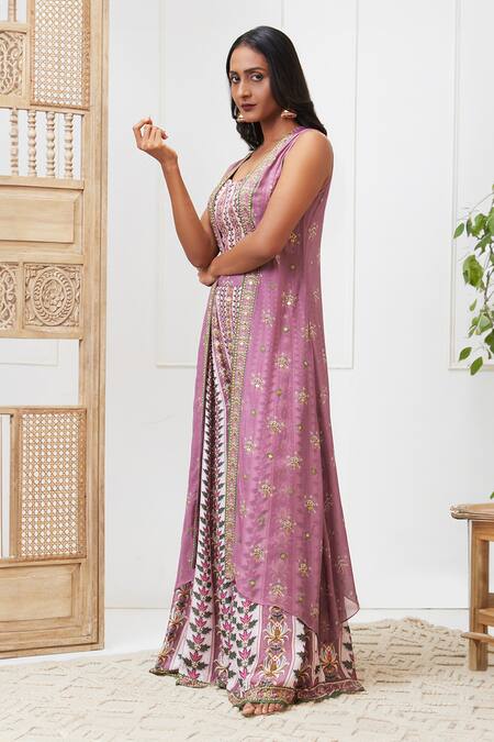Soup By Sougat Paul Purple Silk, Chiffon Embroidery V-neck Tabriz Printed Jacket Palazzo Set Online at Aza Fashions Soup By Sougat Paul_Purple Silk, Chiffon Embroidery V-neck Tabriz Printed Jacket Palazzo Set _Online_at_Aza_Fashions