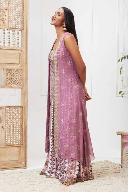 Buy Soup By Sougat Paul Purple Silk, Chiffon Embroidery V-neck Tabriz Printed Jacket Palazzo Set Online at Aza Fashions Buy_Soup By Sougat Paul_Purple Silk, Chiffon Embroidery V-neck Tabriz Printed Jacket Palazzo Set _Online_at_Aza_Fashions