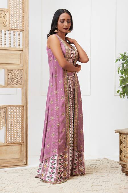 Shop Soup By Sougat Paul Purple Silk, Chiffon Embroidery V-neck Tabriz Printed Jacket Palazzo Set Online at Aza Fashions Shop_Soup By Sougat Paul_Purple Silk, Chiffon Embroidery V-neck Tabriz Printed Jacket Palazzo Set _Online_at_Aza_Fashions