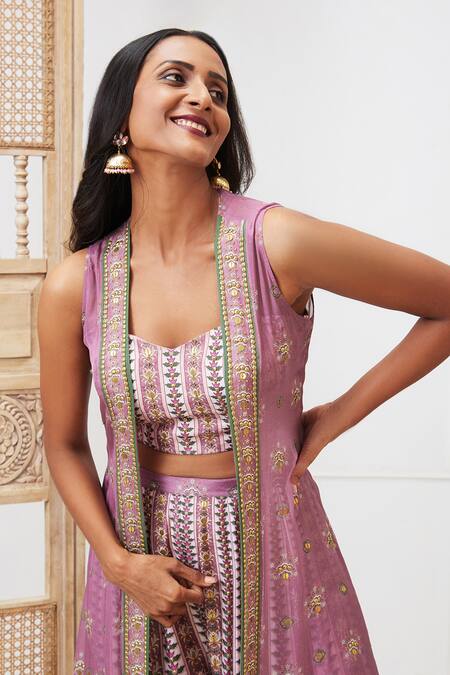 Soup By Sougat Paul Purple Silk, Chiffon Embroidery V-neck Tabriz Printed Jacket Palazzo Set at Aza Fashions Soup By Sougat Paul_Purple Silk, Chiffon Embroidery V-neck Tabriz Printed Jacket Palazzo Set _at_Aza_Fashions