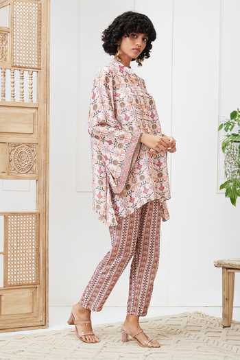 Buy_Soup By Sougat Paul_Pink Cotton, Silk Embroidery Mandarin Floral Abstract Print Shirt And Pant Set _Online_at_Aza_Fashions