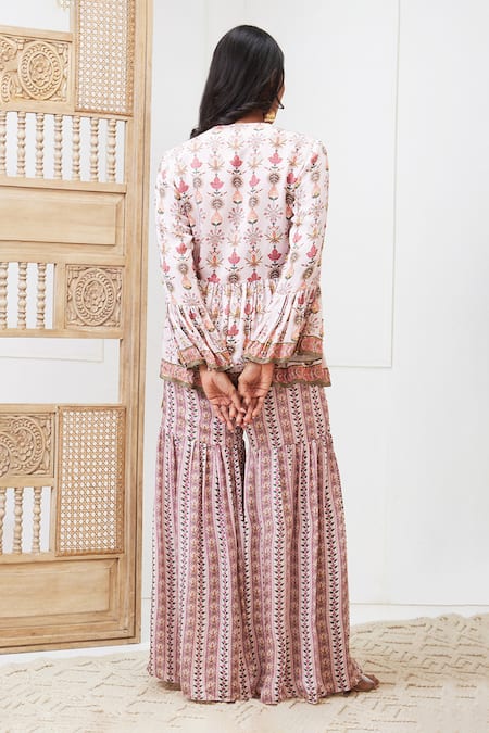 Shop Soup By Sougat Paul Pink Satin Embroidery V-neck Tabriz Printed Peplum And Sharara Set at Aza Fashions Shop_Soup By Sougat Paul_Pink Satin Embroidery V-neck Tabriz Printed Peplum And Sharara Set _at_Aza_Fashions